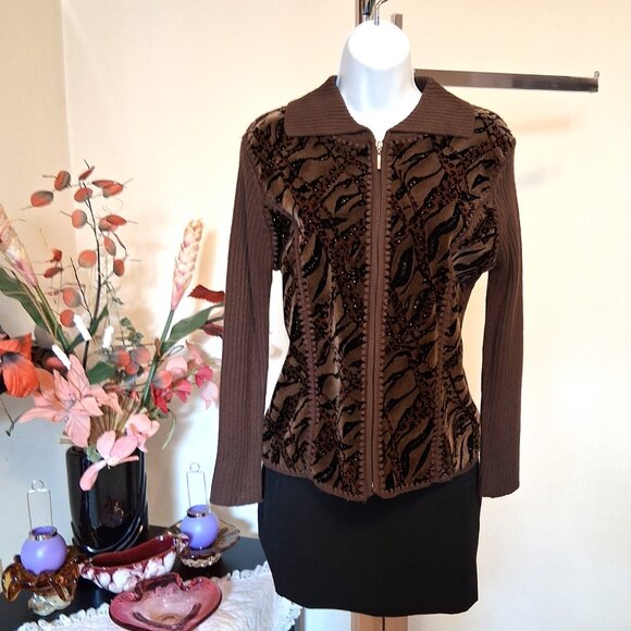 NWT Woman's Dark Brown Zip-Up Cardigan Knitwear Lightweight Sweater 6 S - Picture 5 of 9